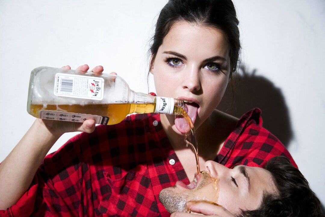 Girl pours alcohol on man before sex.